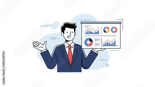 Professional businessman holding a presentation board featuring various data charts, infographics, and financial metrics.