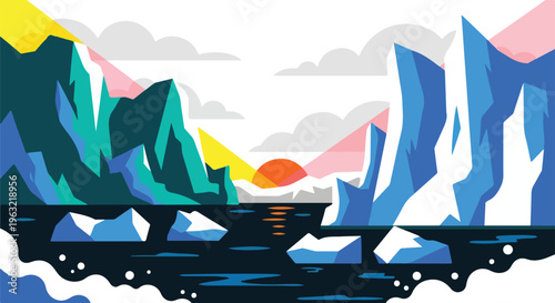 Colorful abstract illustration of a cold, icy landscape with sun