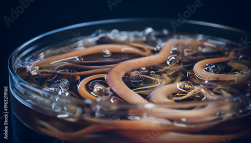 Microscopic view of parasitic worms in a petri dish. Lab equipment presents science and biology research. Medical infection study. Helminth analysis. Parasitology investigation. Worm study. Disease st