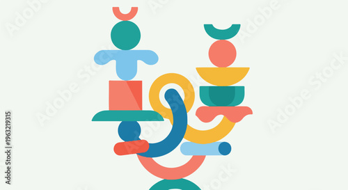 Colorful abstract composition featuring stacked geometric shapes