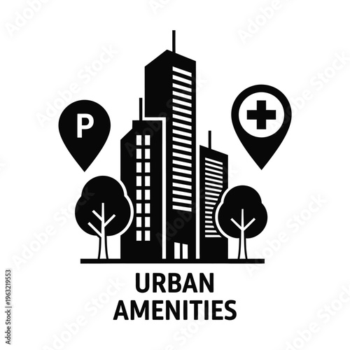 Urban amenities vector illustration featuring cityscape with parking and medical services