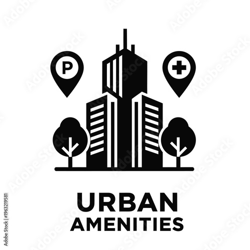 Urban amenities vector illustration featuring cityscape parking and healthcare symbols