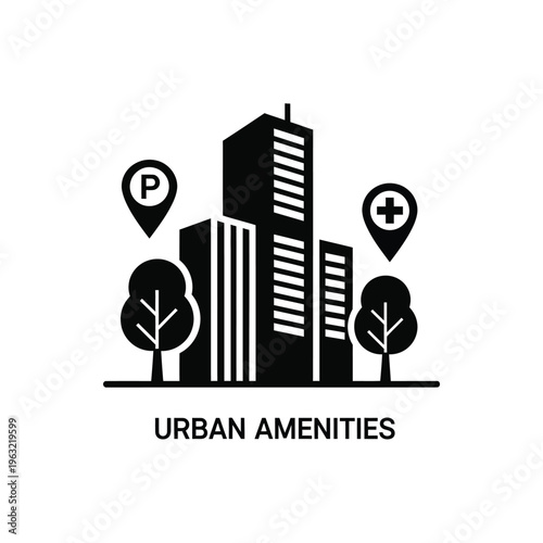 Urban amenities vector illustration featuring cityscape with parking and medical icons