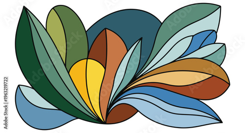Colorful, abstract leaf arrangement in various hues and shapes