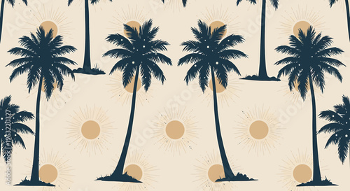 Seamless Tropical Palm Tree Pattern with Sunbursts on Beige Background