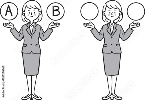 AとBの選択肢　若い女性会社員　全身　ベクター（モノクロ）