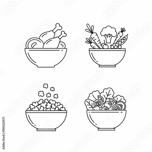 Four bowls filled with different healthy foods and ingredients