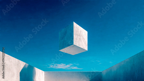 Cube en béton en suspension  au dessus d'un mur