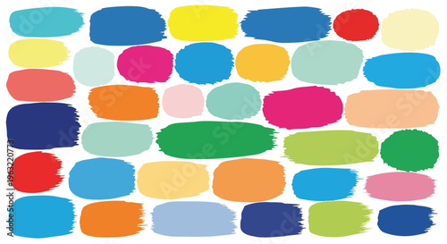 Colorful arrangement of abstract shapes with various brushstroke patterns