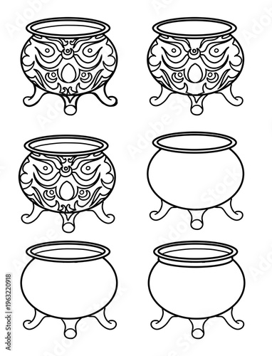 Magic item Set Hand-drawn witch cauldron line art ornamental design contour drawing Minimal 2D icon Halloween clipart graphics fantasy design witchcraft doodle container bowl outline coloring book