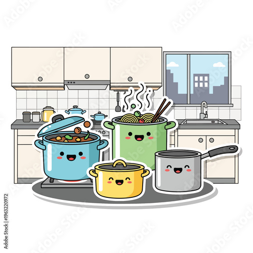 Cute cartoon kitchen pots with happy faces on a tray indoors