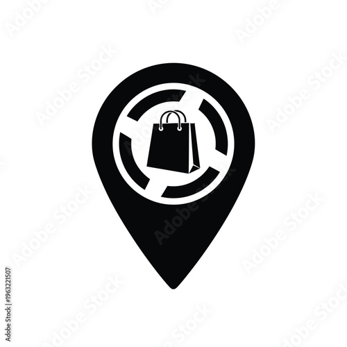 Vector illustration of a shopping location pin icon with a shopping bag