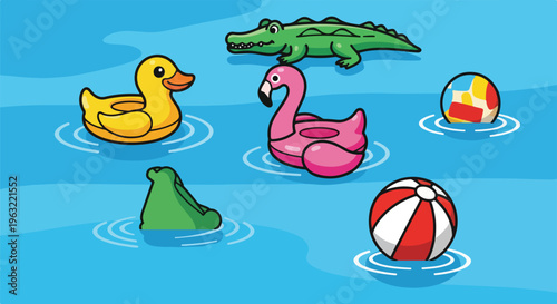 Colorful cartoon image of inflatable water toys in blue water