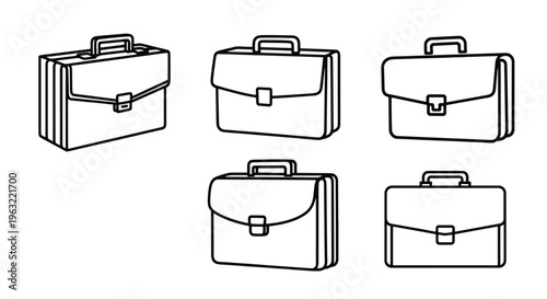 Black and white line drawings of briefcases in various orientations