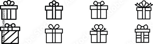 Gift surprise, prize bonus, mystery box, wedding giftbox outline icons. Line signs gift box tied with festive ribbon. Vector isolated pictograms for web and apps on  editable stroke.