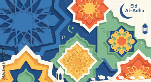 Colorful celebratory Islamic holiday design with geometric patterns