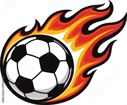Vector graphic illustration of a blazing soccer ball leaving a trail of fiery orange and red flames