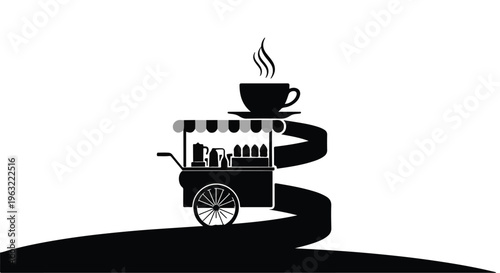Stylized coffee cart with a steaming cup travels upward on a winding path.