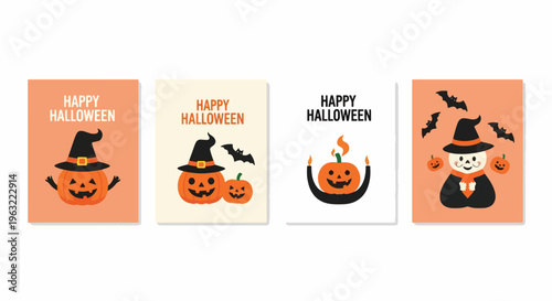 Halloween greeting cards with pumpkins and witches hats