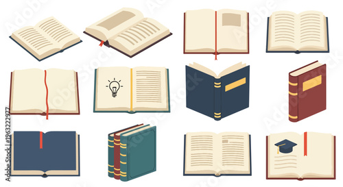 Collection of Various Open and Closed Books in Different Colors