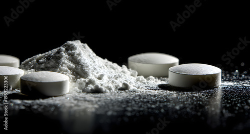 Close view of powdered fentanyl and white tablets on a shiny reflective background depicting the addiction theme.