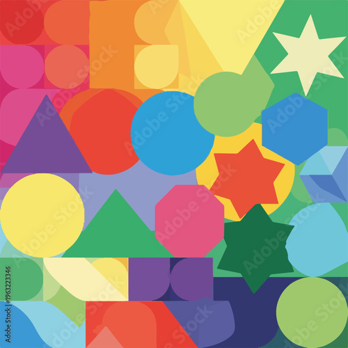 Colorful geometric abstract art featuring various shapes and hues