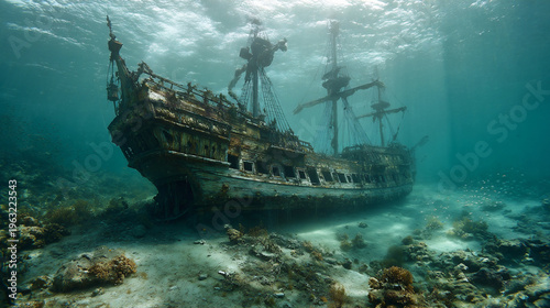 sunken pirate ship on the seabed, mysterious old shipwreck underwater, ancient pirate vessel in the ocean