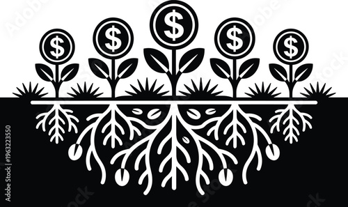 black and white, dollar coins, plants, roots, soil, growth, finance, money, economy, investment, business, symbol, monochrome, black, white, d Black and white of dollar coins growing on plants roots 1