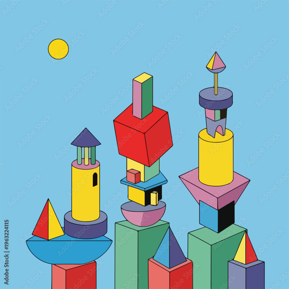 Fototapeta premium Colorful, geometric structures and a sun on a bright blue background