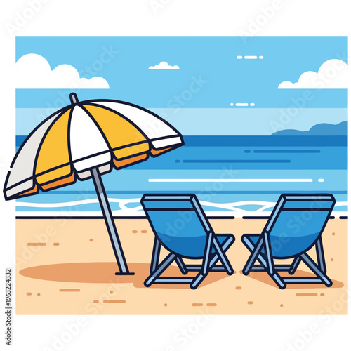Two blue beach chairs and a yellow white umbrella on a sandy beach by the ocean with a clear blue sky and clouds