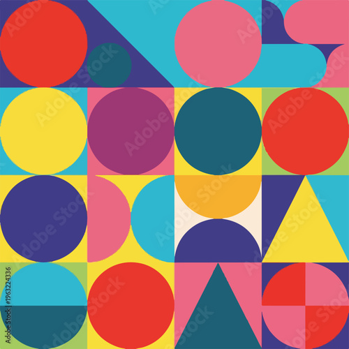 Colorful, geometric abstract design with circles, squares, triangles, and half-shapes Free Download Colorful, geometric abstract design with circles, squares, triangles, and half-shapes - GFXLoad
