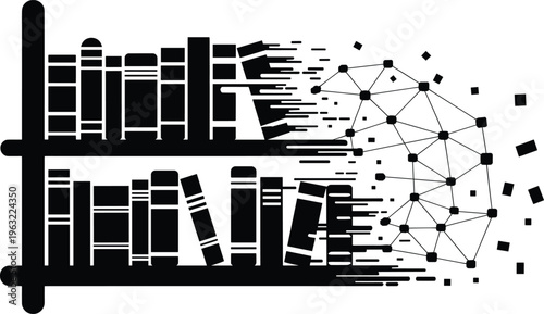 bookshelf, books, network, connections, black and white, abstract, digital, library, knowledge, technology, data, nodes, lines, geometri Black and white of bookshelf with books and network connections