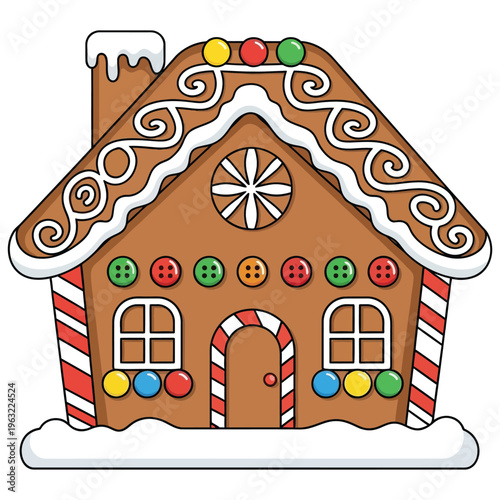 Colorful gingerbread house with icing and candy details on white background