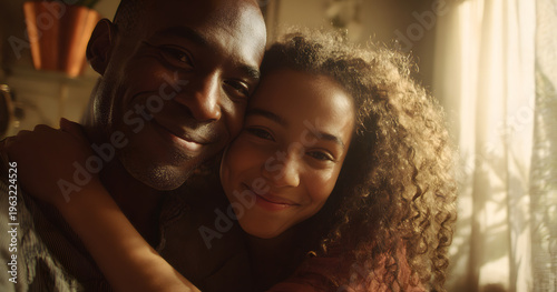 Care, father, and hug the kid in the home for connection, trust, and a reunion with the foster daughter. Adoption, dad and girl embrace each other in the house for thank you, family support, and smile