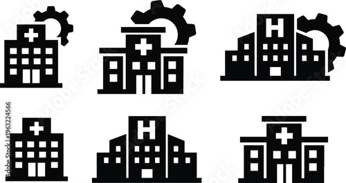 Hospital building and medical facility management cogwheel operations icon set. Healthcare infrastructure, clinical engineering, medical management, and hospital system optimization.