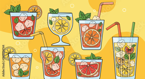 Colorful illustrated assortment of cocktails, perfect for refreshing moments
