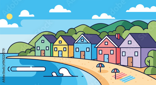 Colorful houses line a beach in an illustration with mountains and sky