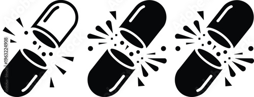 black, white, capsules, exploding, explosion, medicine, pills, bursting, breaking, opening, symbols, signs, three, motion, lines, background, style, col Black and white of capsules exploding explosion