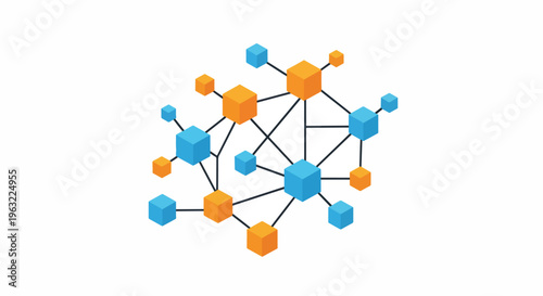 Connected network of hexagons and molecules in blue and orange