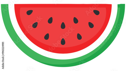 Vector graphic illustration of a slice of watermelon with green rind and black seeds on a white background, showcasing a colorful and appetizing design