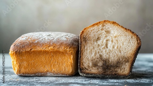 A delicious loaf of bread and a slice on a floured surface