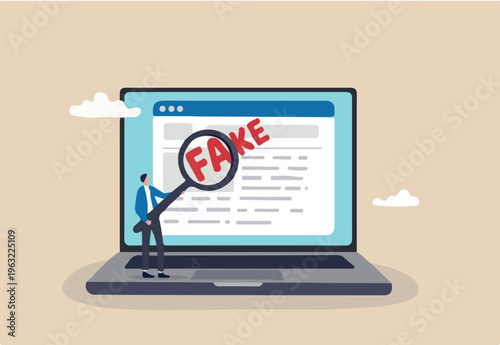 Fake news or false information spreading on website and social media, screening or verify truth before sharing or believe concept, man with magnifying glass verify fake news on website on computer