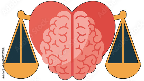 Vector illustration of a heart shaped brain with scales on either side symbolizing balance between emotions and logic in decision making and mental health