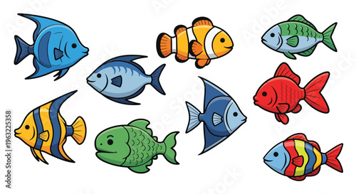 Colorful cartoon fish swimming in different directions on white