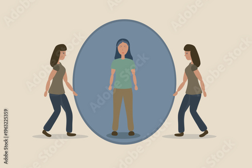 Concept illustration of a calm woman inside a protective bubble while identical figures approach, symbolizing self-protection, mental boundaries, and emotional resilience.