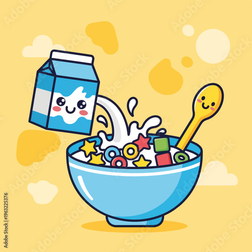 Cartoon breakfast bowl with cereal and smiling milk carton pouring milk