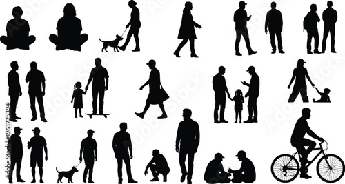 Large Collection of People Silhouettes with Black Vector Figures of Pedestrians Cyclists Families and Dog Walkers for Urban Site Plan and Architectural Rendering Projects