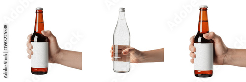 Set of hands holding glass beer and water bottles with blank white labels for mockup