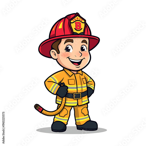 Cute Firefighter Mascot Character Holding Fire Hose Rescue Worker Vector Illustration