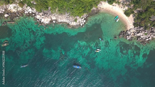 Aerial View of Ko Tao Bay with Longtail Boats and Beach Thailand Reverse Loop